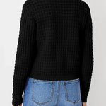 Womens knit cardigan back view, black textured knit with button placket