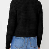 Womens knit cardigan back view, black textured knit with button placket
