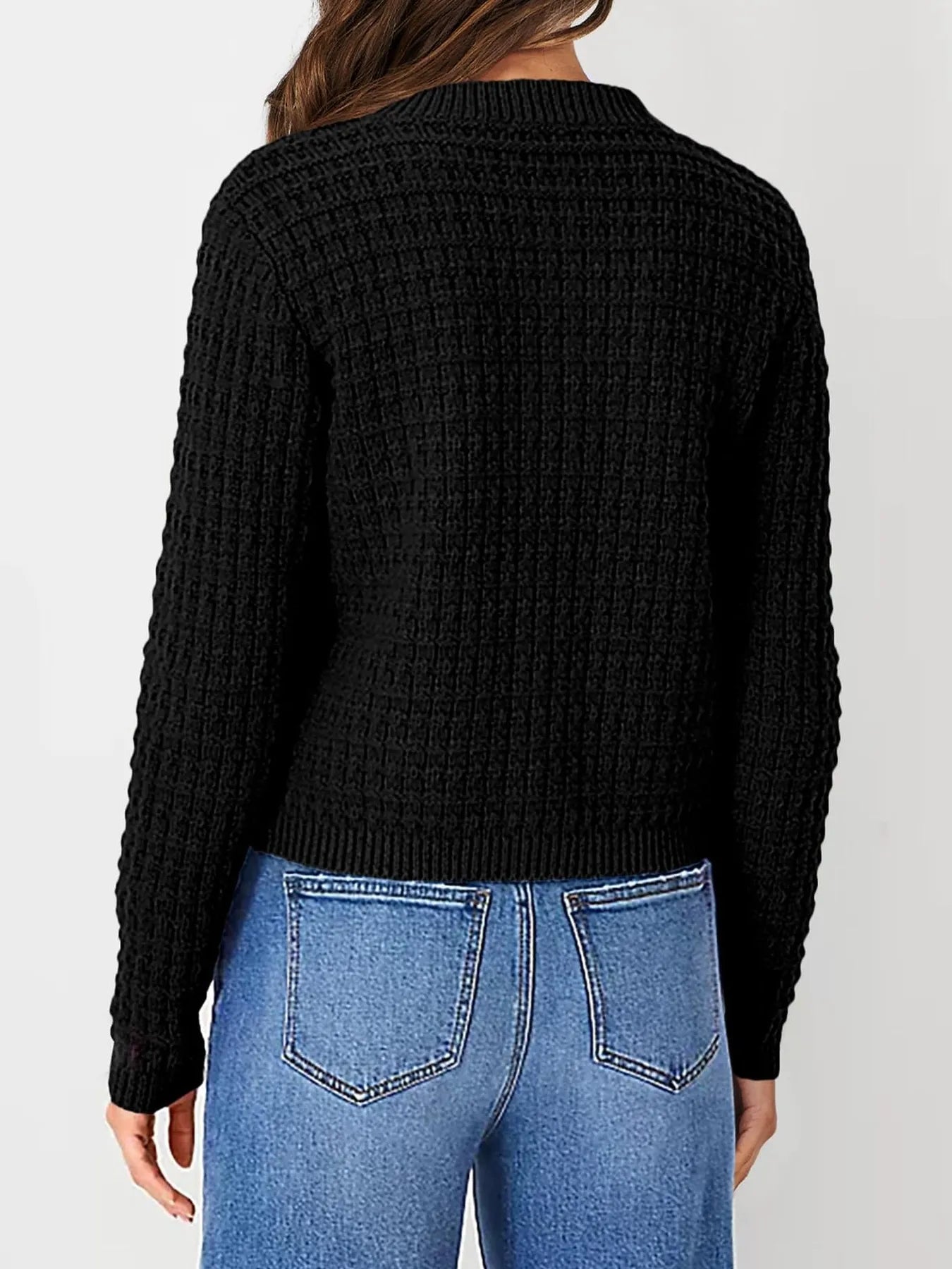 Womens knit cardigan back view, black textured knit with button placket