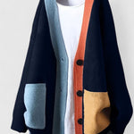 Liane™ color-block cardigan, dark navy with orange placket and blue patch pockets