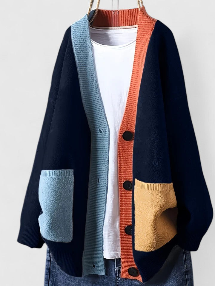 Liane™ color-block cardigan, dark navy with orange placket and blue patch pockets