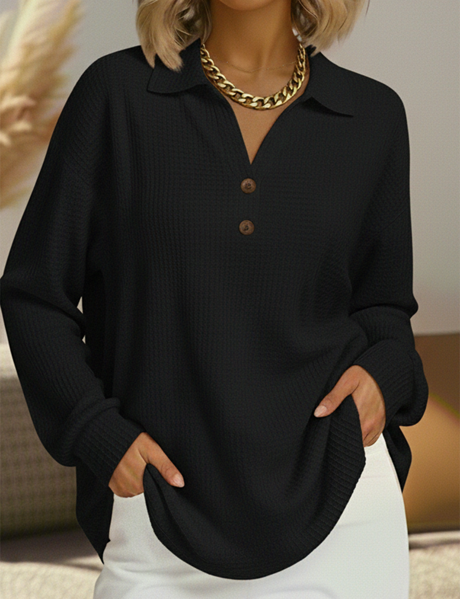 Black long-sleeve henley pullover with button placket and collar