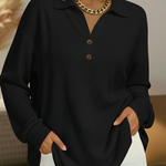 Black long-sleeve henley pullover with button placket and collar