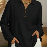 Black long-sleeve henley pullover with button placket and collar