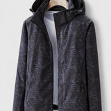 Dark hooded jacket with front zipper and stand collar, leaf-patterned fabric