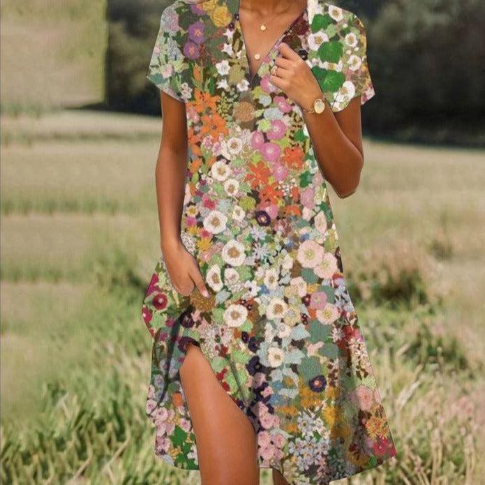 Multicolor floral short-sleeve summer dress with V-neck and side slit, lightweight look.