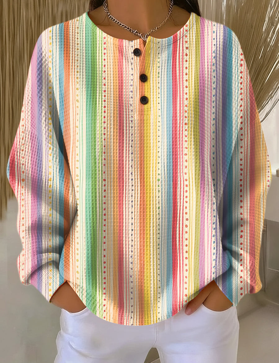 Rainbow striped button-front long-sleeve blouse with round neckline