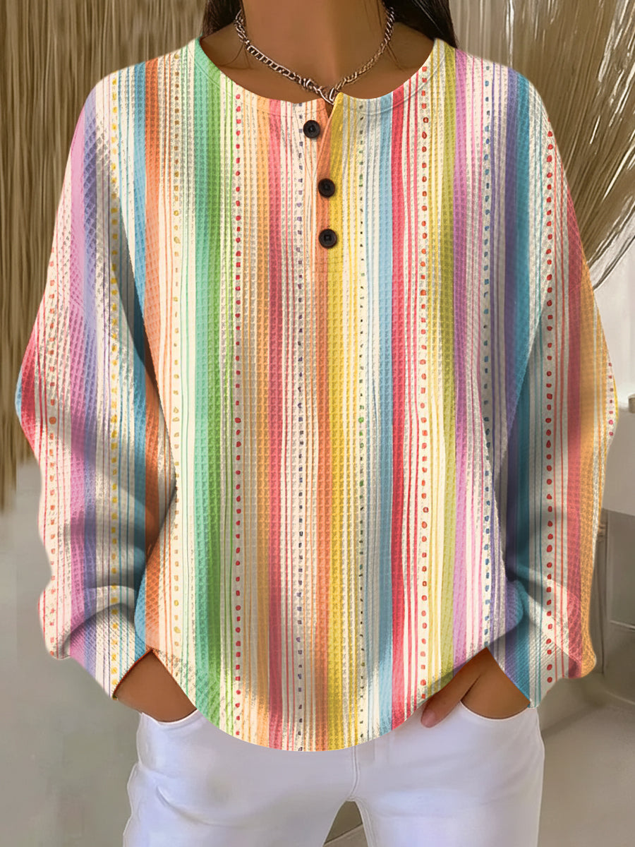 Rainbow striped button-front long-sleeve blouse with round neckline