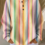 Rainbow striped button-front long-sleeve blouse with round neckline