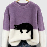 Purple and white two-tone sweatshirt with black cat graphic on the front