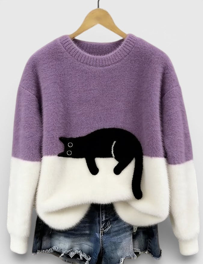 Purple and white two-tone sweatshirt with black cat graphic on the front