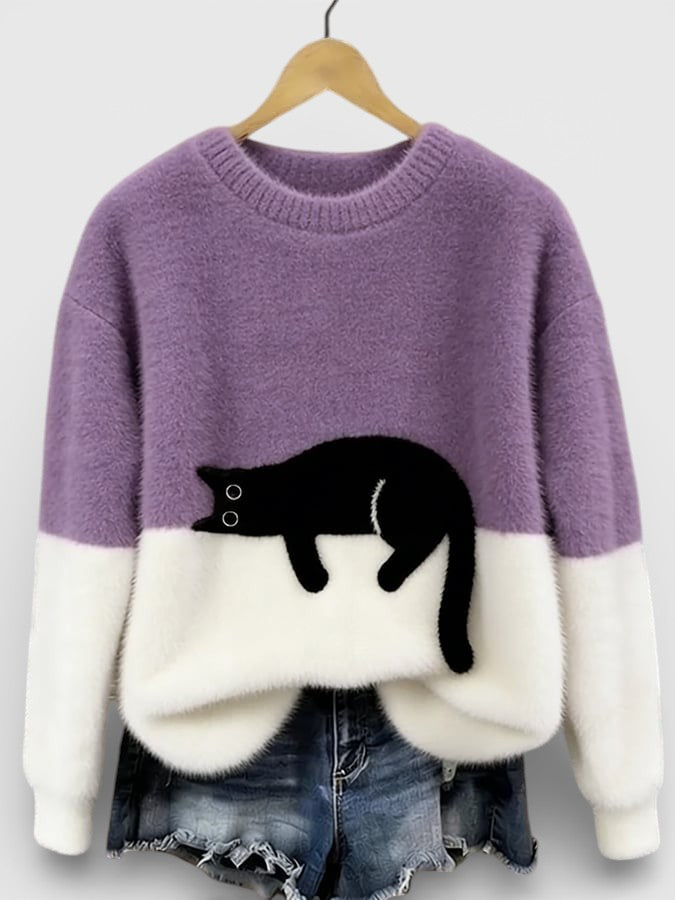 Purple and white two-tone sweatshirt with black cat graphic on the front