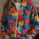 Women’s textured knit cardigan with colorful heart appliques, zip front, long sleeves