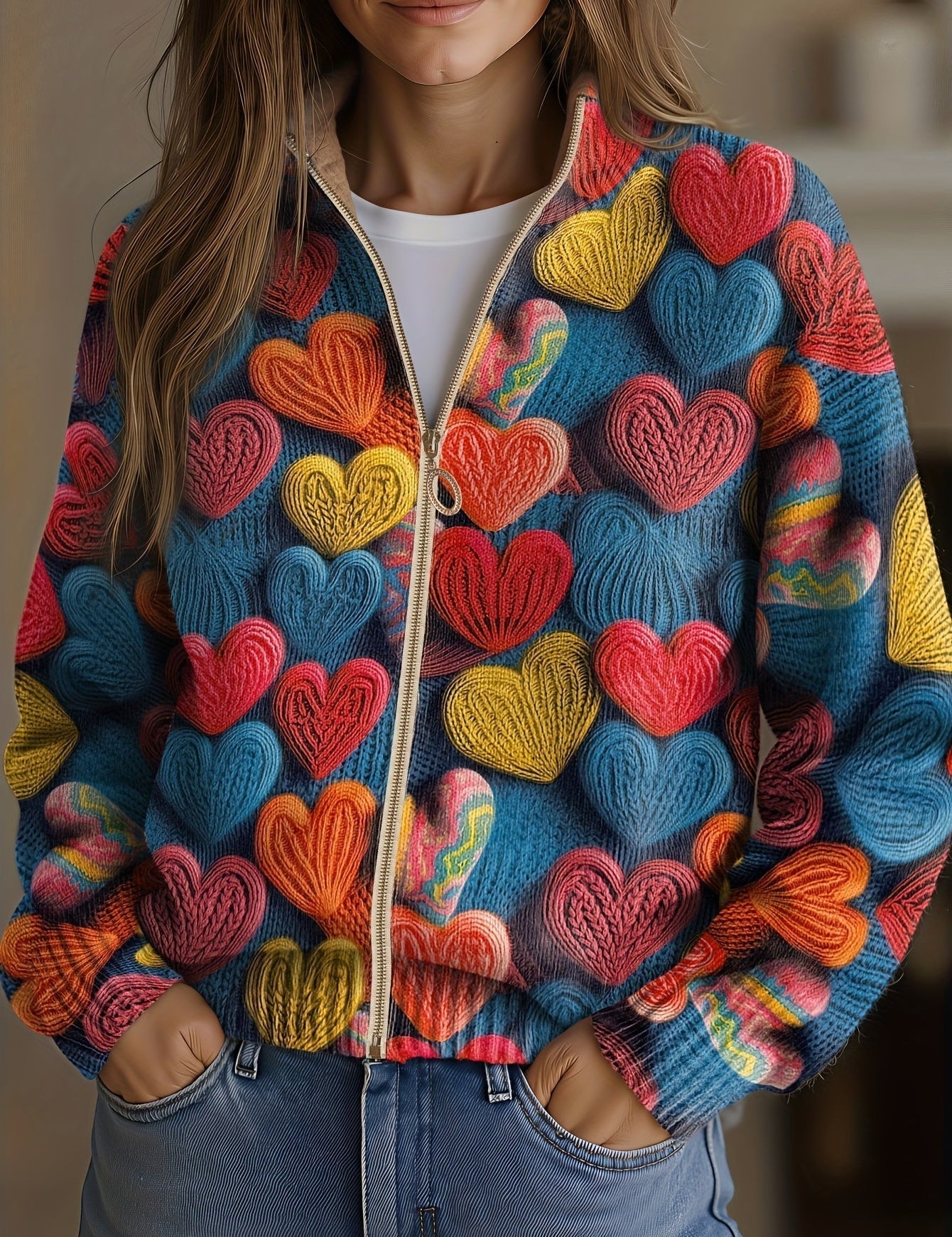 Women’s textured knit cardigan with colorful heart appliques, zip front, long sleeves