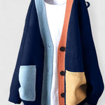 Liane™ color-block cardigan in dark navy with orange button placket and patch pockets