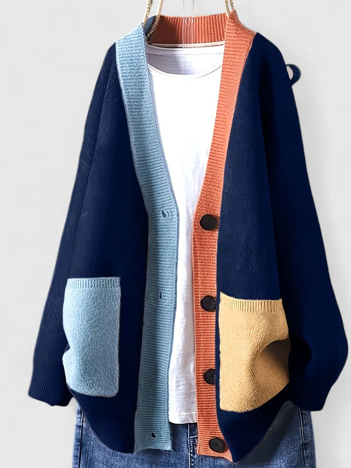Liane™ color-block cardigan in dark navy with orange button placket and patch pockets