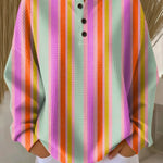 Rainbow vertical striped pullover henley with three black button placket