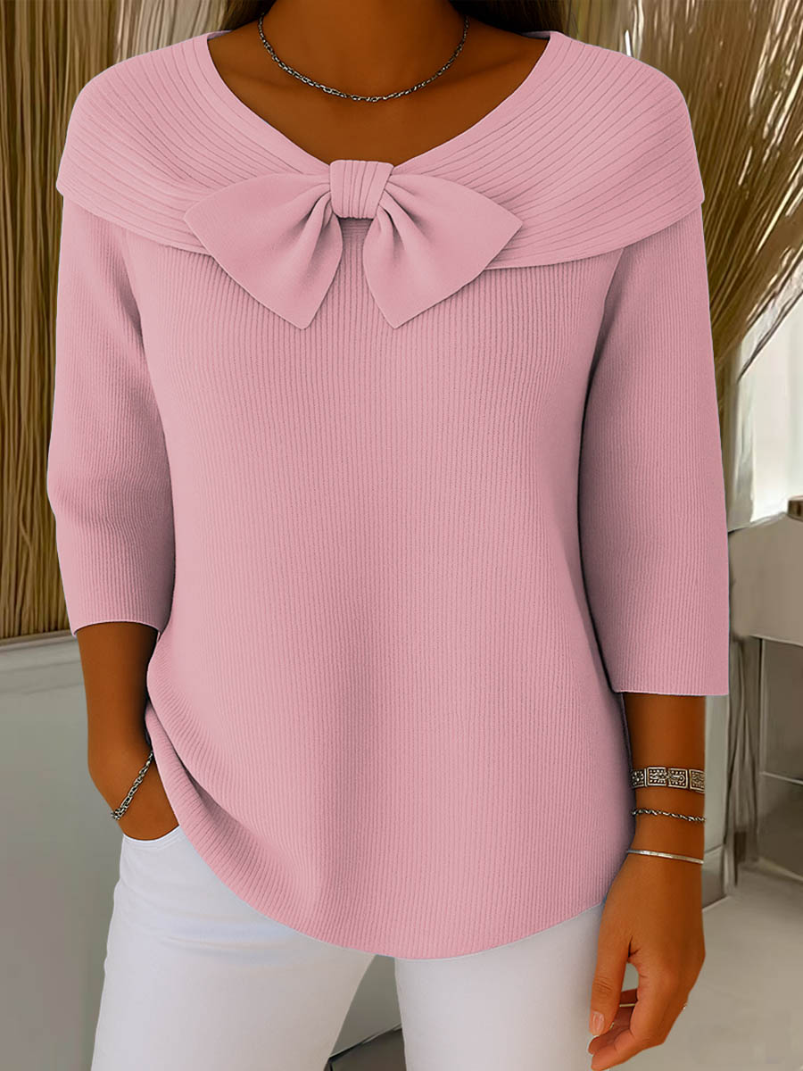 Pink ribbed knit sweater with large bow collar and 3/4 sleeves