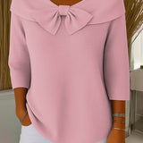 Pink ribbed knit sweater with large bow collar and 3/4 sleeves