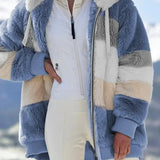 Keithy color-block sherpa jacket in blue with gray and cream panels, zip-front hood