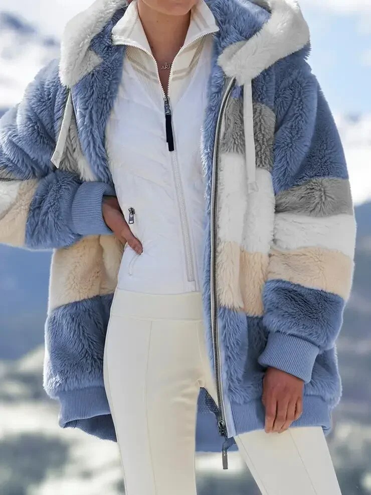Keithy color-block sherpa jacket in blue with gray and cream panels, zip-front hood