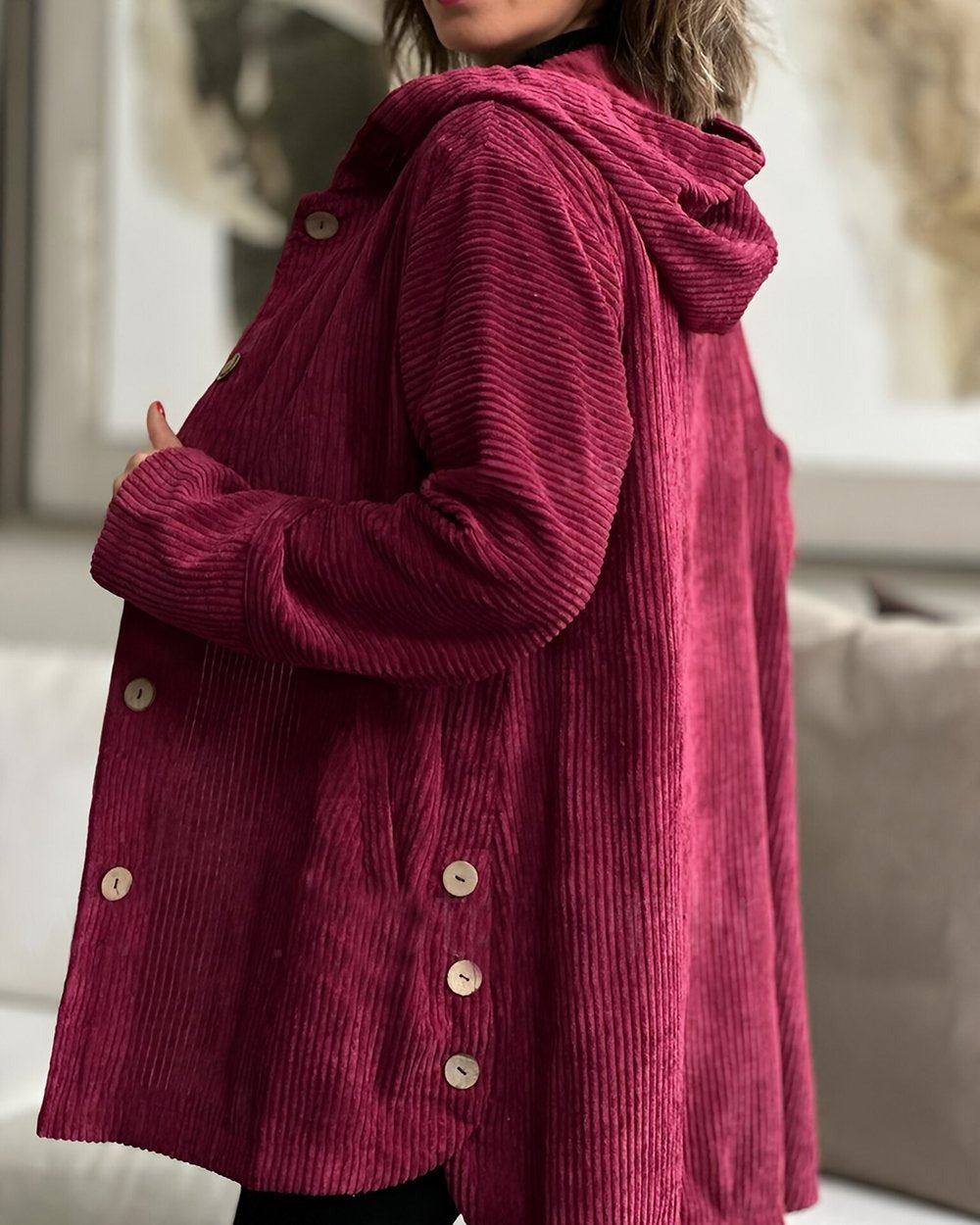 Red corduroy hooded jacket, long sleeves, button front, side pockets
