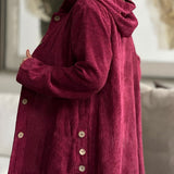 Red corduroy hooded jacket, long sleeves, button front, side pockets