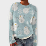 Simone cozy Christmas sweater in light blue knit, crew neck, snowman and snowflake pattern