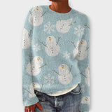 Simone cozy Christmas sweater in light blue knit, crew neck, snowman and snowflake pattern
