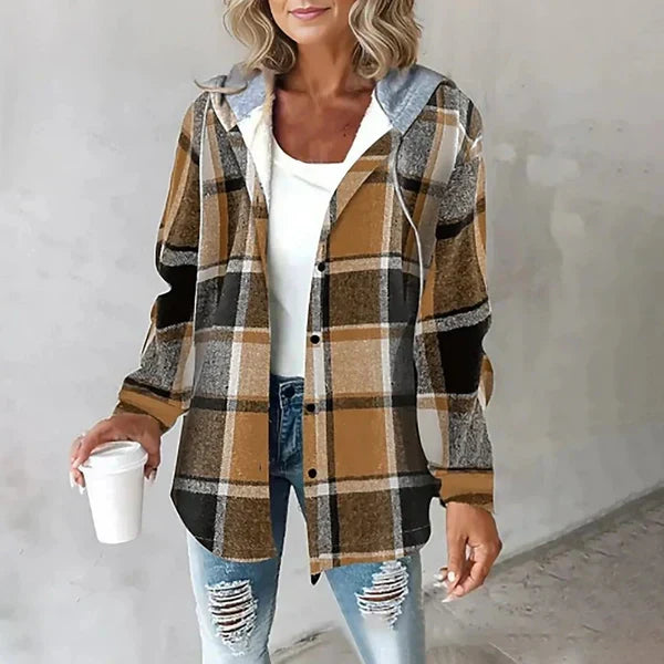 Rosanna cozy jacket in brown plaid with hood, button front, and long sleeves