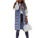 Long quilted body warmer vest, blue with button-front and sleeveless design