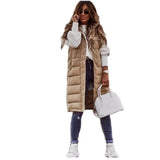 Long quilted body warmer vest, beige with button-front and sleeveless design