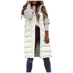 Long quilted body warmer vest, off-white with button-front and sleeveless design
