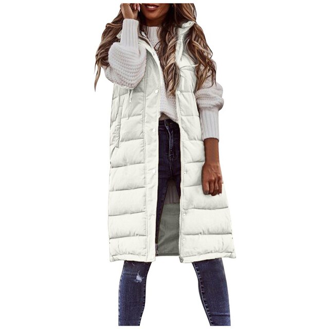 Long quilted body warmer vest, off-white with button-front and sleeveless design