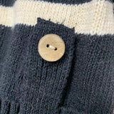 Dark knit placket detail with round tan button and textured stitch pattern.