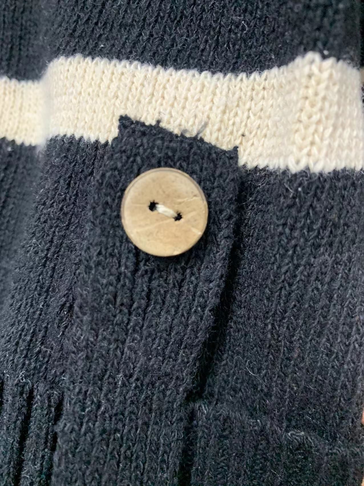 Dark knit placket detail with round tan button and textured stitch pattern.
