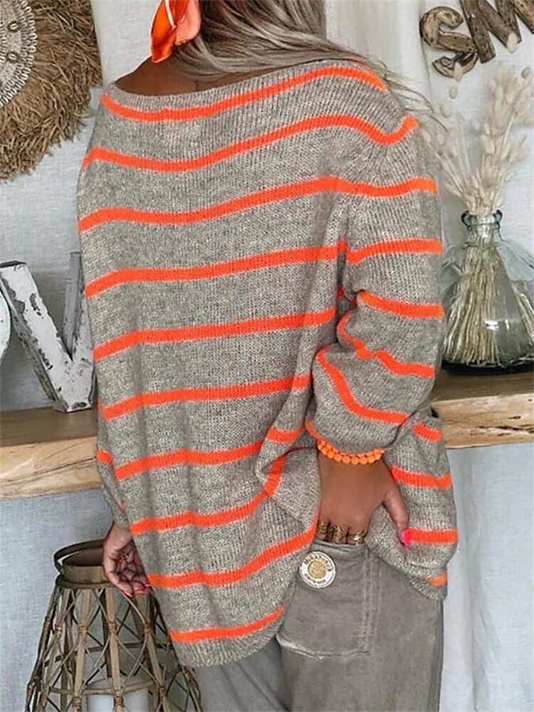 Heather gray knit pullover with bold orange horizontal stripes and ribbed crew neckline.