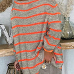 Heather gray knit pullover with bold orange horizontal stripes and ribbed crew neckline.