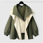 Rebekkah™ jacket, dark green with cream color-block panel and button front, long sleeves