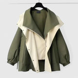 Rebekkah™ jacket, dark green with cream color-block panel and button front, long sleeves