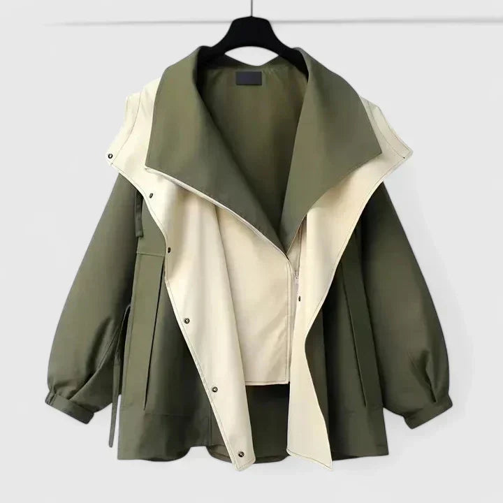 Rebekkah™ jacket, dark green with cream color-block panel and button front, long sleeves