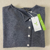 Folded grey heather knit pullover with V-neck, long sleeves, button front