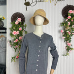 Grey long-sleeve button-front pullover on mannequin with V-neck