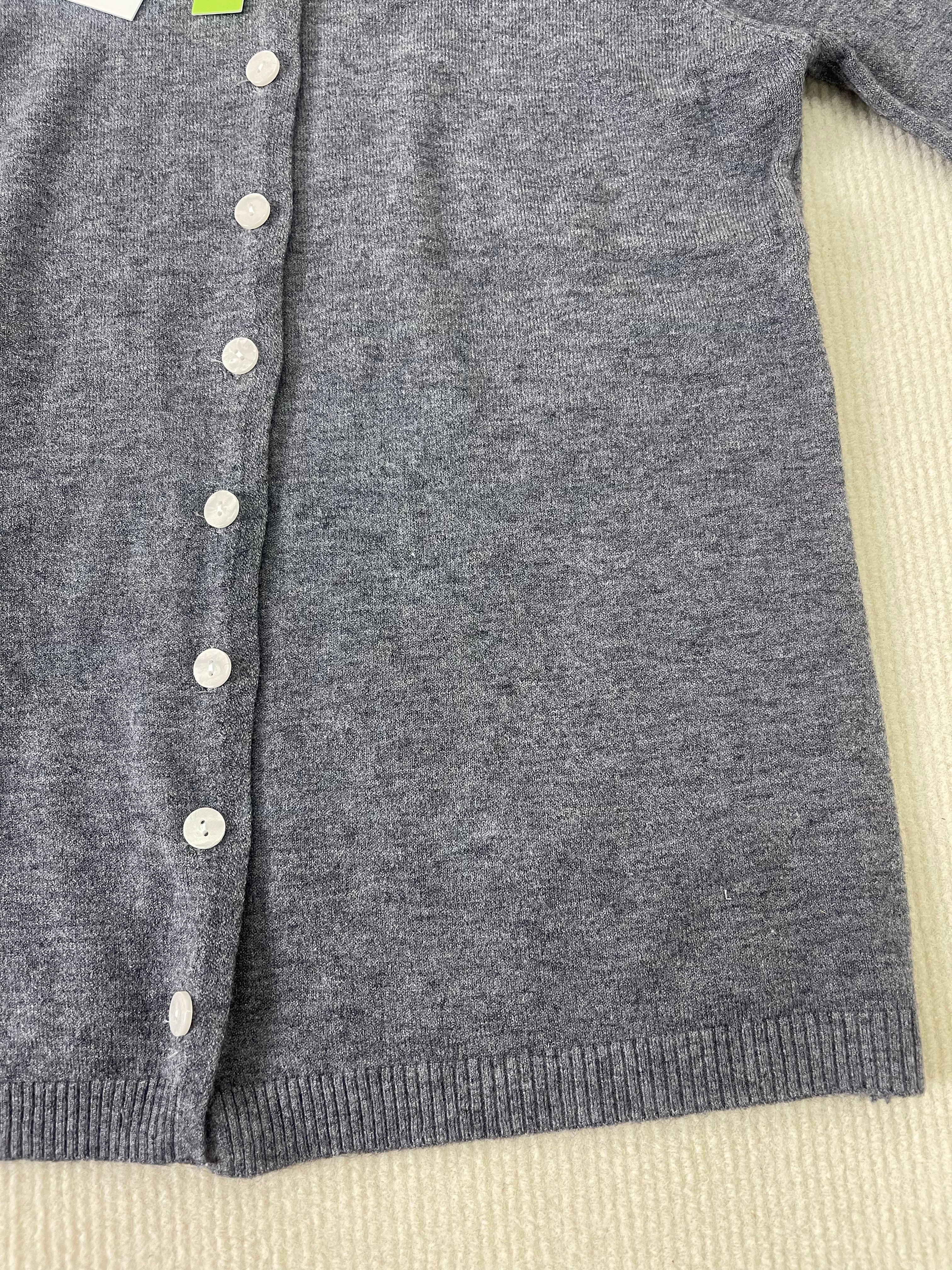Grey heather knit pullover front with button placket and ribbed hem