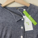 Dark gray long-sleeve button-front pullover sweater, V-neck, small round buttons