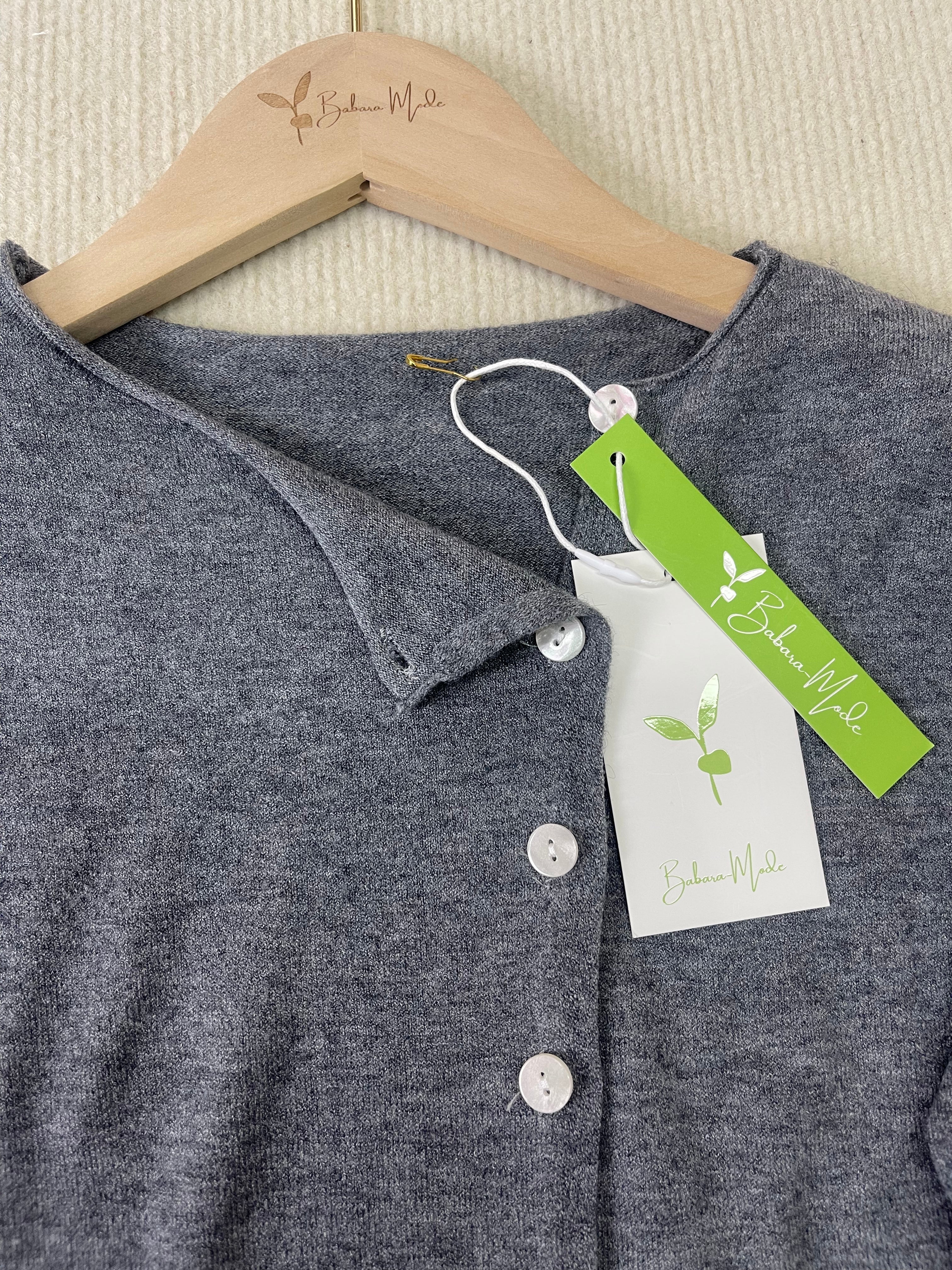 Dark gray long-sleeve button-front pullover sweater, V-neck, small round buttons