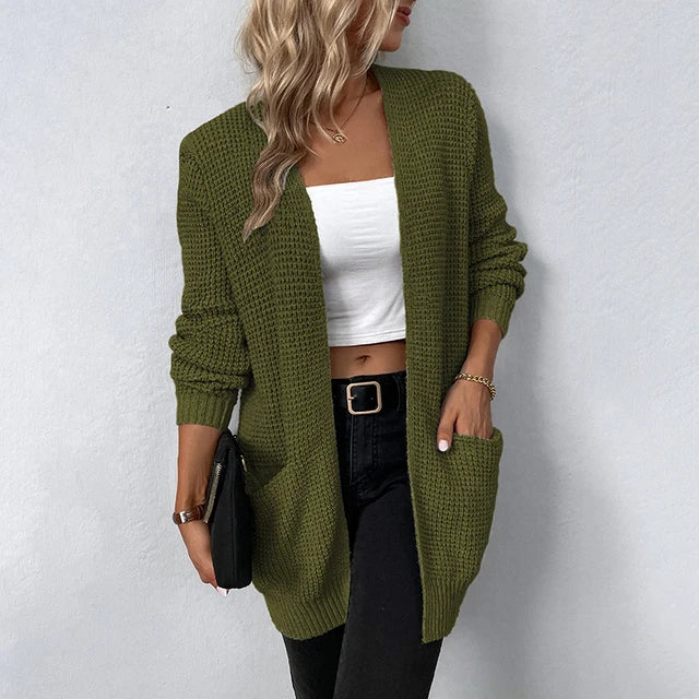 Army green knit cardigan with open front, long sleeves, and front pockets