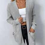 Light gray knit cardigan with open front, long sleeves, and front pocket openings