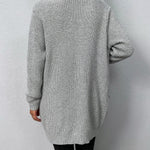 Light gray knit cardigan back view with long sleeves and ribbed hem