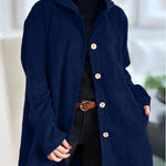 Navy corduroy hooded jacket with button front and side pockets